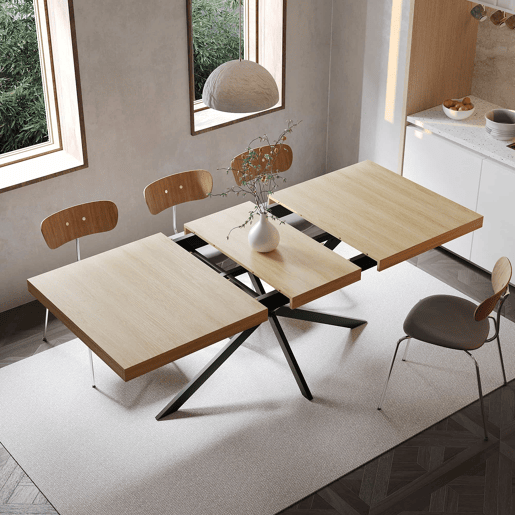 Mesa de jantar extensível 140-180 cm - estilo retro, arrumação oculta, placa central em relevo - Natural Mesa de jantar extensível 140-180 cm - estilo retro, arrumação oculta, placa central em relevo - Natural
