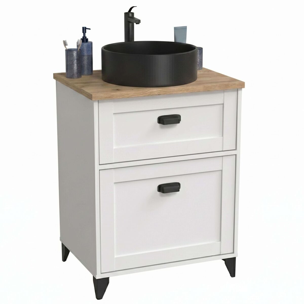 Mueble baño 61 cm toscana 1 cajón blanco y roble (con lavabo cerámico)