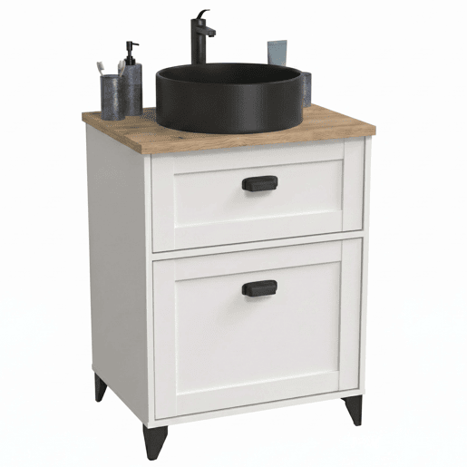 Móvel de banheiro Toscana de 61 cm com 1 porta e 1 gaveta, branco fosco e carvalho Cambriano (com pia de cerâmica)