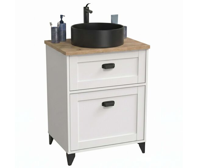 Mueble baño 61 cm toscana 1 cajón blanco y roble (con lavabo cerámico)