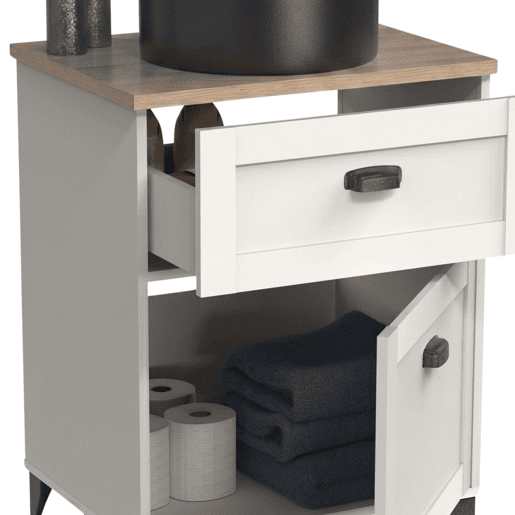 Móvel de banheiro Toscana de 61 cm com 1 porta e 1 gaveta, branco fosco e carvalho Cambriano (com pia de cerâmica)