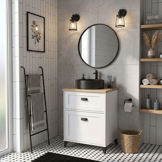 Móvel de banheiro Toscana de 61 cm com 1 porta e 1 gaveta, branco fosco e carvalho Cambriano (com pia de cerâmica)