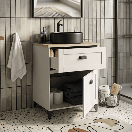 Móvel de banheiro Toscana de 61 cm com 1 porta e 1 gaveta, branco fosco e carvalho Cambriano (com pia de cerâmica)