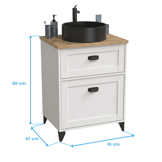 Móvel de banheiro Toscana de 61 cm com 1 porta e 1 gaveta, branco fosco e carvalho Cambriano (com pia de cerâmica)