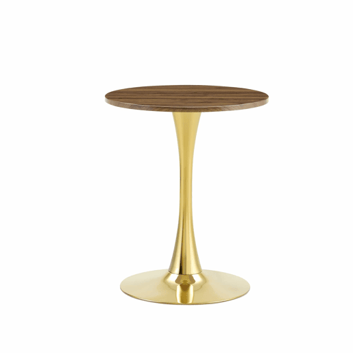 Mesa auxiliar redonda 60 cm - tampo em MDF com tecnologia termoformada, acabamento efeito madeira nogal, base metálica dourada - Nogal e Dourado