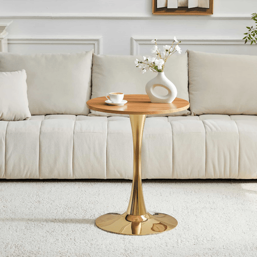 Mesa auxiliar redonda 60 cm - tampo em MDF com tecnologia termoformada, acabamento efeito madeira natural, base dourada - madeira natural e dourado
