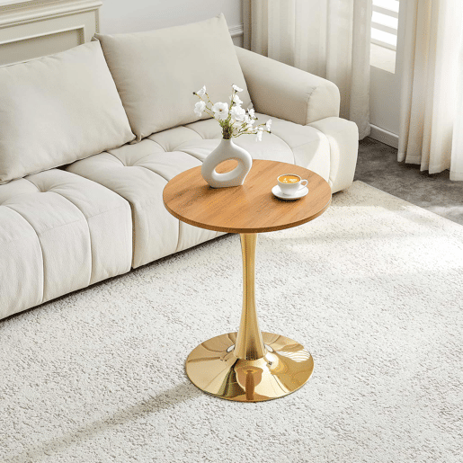 Mesa auxiliar redonda 60 cm - tampo em MDF com tecnologia termoformada, acabamento efeito madeira natural, base dourada - madeira natural e dourado