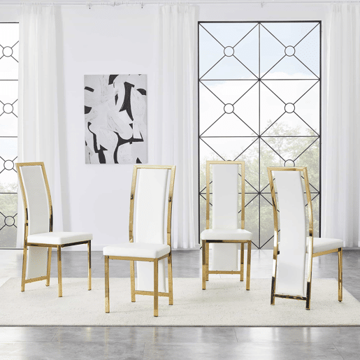 Cadeiras de sala de jantar 4 unidades 109 cm - design minimalista europeu, estofadas em PU branco com estrutura metálica dourada - Branco e Dourado