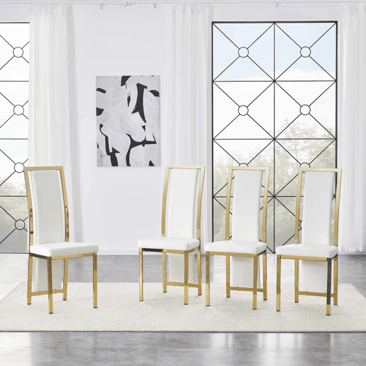 Cadeiras de sala de jantar 4 unidades 109 cm - design minimalista europeu, estofadas em PU branco com estrutura metálica dourada - Branco e Dourado