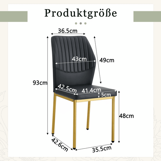 Conjunto de 4 cadeiras de jantar - Estilo leve e luxuoso, encosto em PU preto com gravação vertical + pernas metálicas douradas - Preto+Dourado