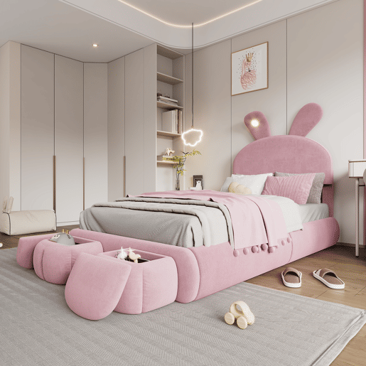 Cama individual 90x200cm - Cama com orelhas de coelho, fitas de luz quente ajustáveis, 2 bancos com arrumação - Rosa