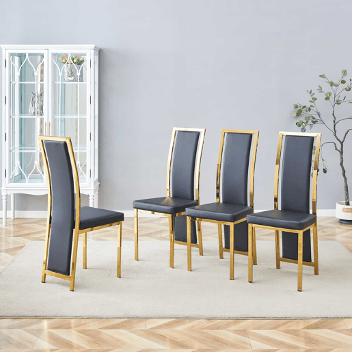 Cadeiras de sala de jantar 4 unidades 109 cm - design minimalista europeu, estofadas em PU preto com detalhes dourados e estrutura metálica dourada - Preto e Dourado