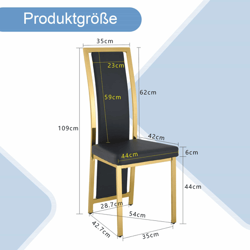 Cadeiras de sala de jantar 4 unidades 109 cm - design minimalista europeu, estofadas em PU preto com detalhes dourados e estrutura metálica dourada - Preto e Dourado