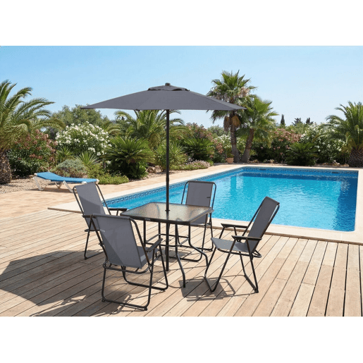 Mesa e cadeiras de jardim em metal Convivia com guarda-sol - 4 lugares - Cinzento antracite