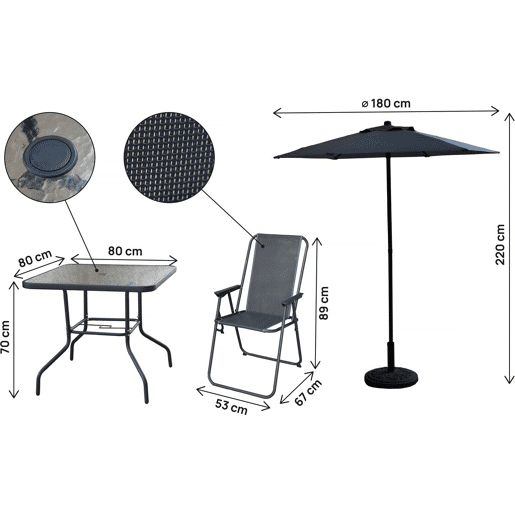 Mesa e cadeiras de jardim em metal Convivia com guarda-sol - 4 lugares - Cinzento antracite