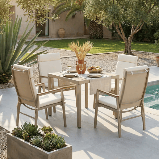 Conjunto de jantar de jardim para 4 pessoas - 1 mesa e 4 cadeiras, ferro galvanizado, tampo em madeira plástica - Caqui e Bege