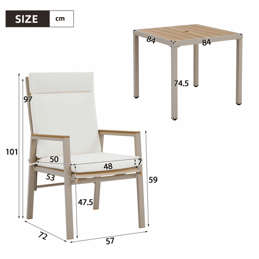 Conjunto de jantar de jardim para 4 pessoas - 1 mesa e 4 cadeiras, ferro galvanizado, tampo em madeira plástica - Caqui e Bege