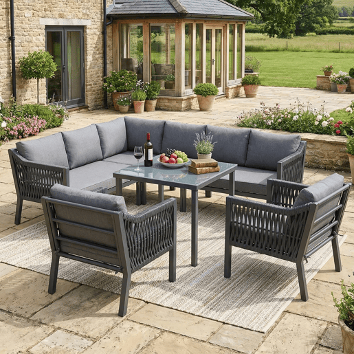 Conjunto de jantar de jardim para 8 pessoas - disposição em canto, ferro galvanizado, mesa com tampo de vidro, conjunto de corda trançada à mão, inclui mesa de jantar, duas poltronas e sofá de canto - Cinza