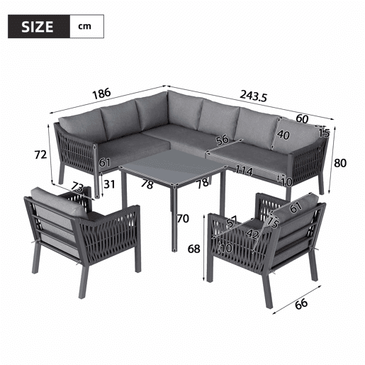Conjunto de jantar de jardim para 8 pessoas - disposição em canto, ferro galvanizado, mesa com tampo de vidro, conjunto de corda trançada à mão, inclui mesa de jantar, duas poltronas e sofá de canto - Cinza