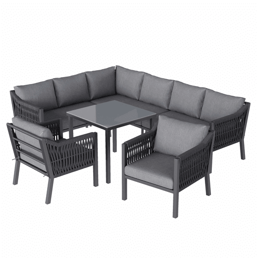 Conjunto de jantar de jardim para 8 pessoas - disposição em canto, ferro galvanizado, mesa com tampo de vidro, conjunto de corda trançada à mão, inclui mesa de jantar, duas poltronas e sofá de canto - Cinza