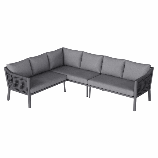 Conjunto de jantar de jardim para 8 pessoas - disposição em canto, ferro galvanizado, mesa com tampo de vidro, conjunto de corda trançada à mão, inclui mesa de jantar, duas poltronas e sofá de canto - Cinza