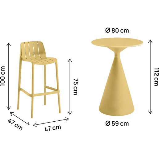 Mesa bistrô empilhável Vaena e cadeiras altas - 2 lugares - Amarelo
