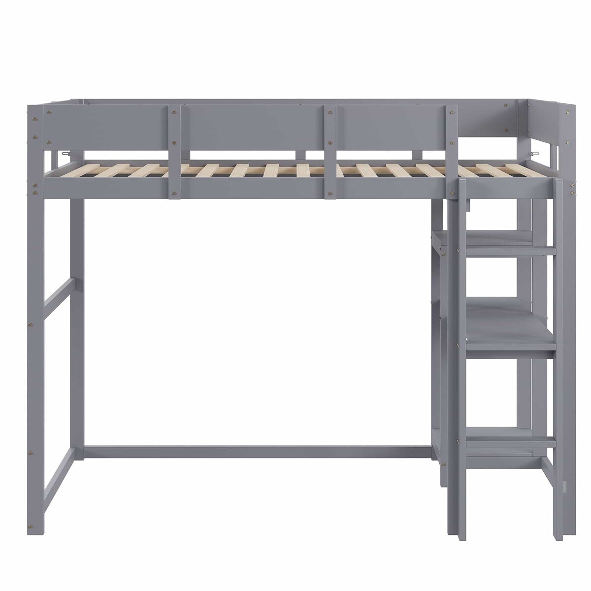 cama alta 90x200 cm - estructura de madera maciza de pino con estanteria y somier para ninos y adolescentes - gris