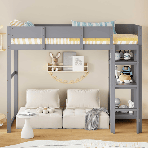 Cama alta 90x200 cm - Estrutura em madeira maciça de pinho com prateleira e base de colchão, para crianças e adolescentes - Cinza