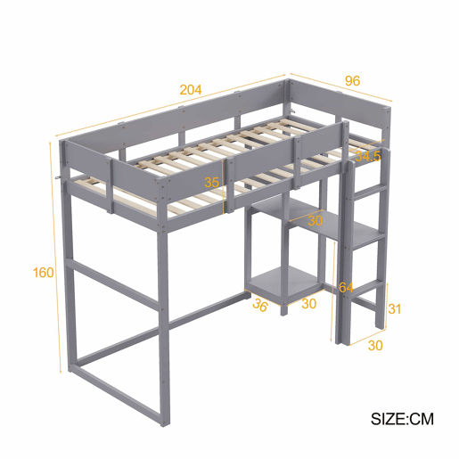 Cama alta 90x200 cm - Estrutura em madeira maciça de pinho com prateleira e base de colchão, para crianças e adolescentes - Cinza