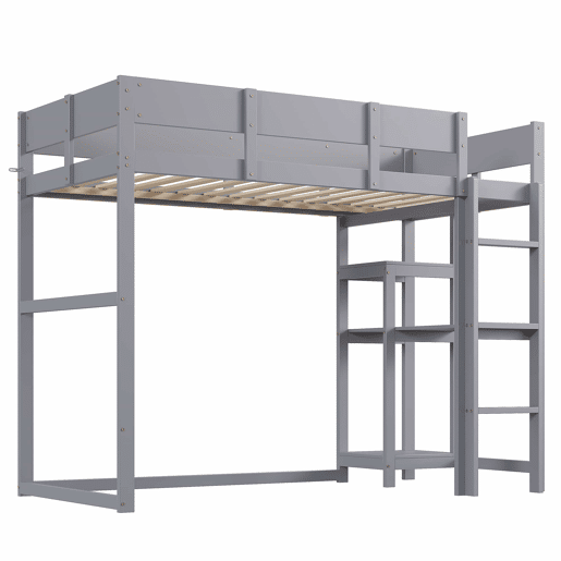 Cama alta 90x200 cm - Estrutura em madeira maciça de pinho com prateleira e base de colchão, para crianças e adolescentes - Cinza
