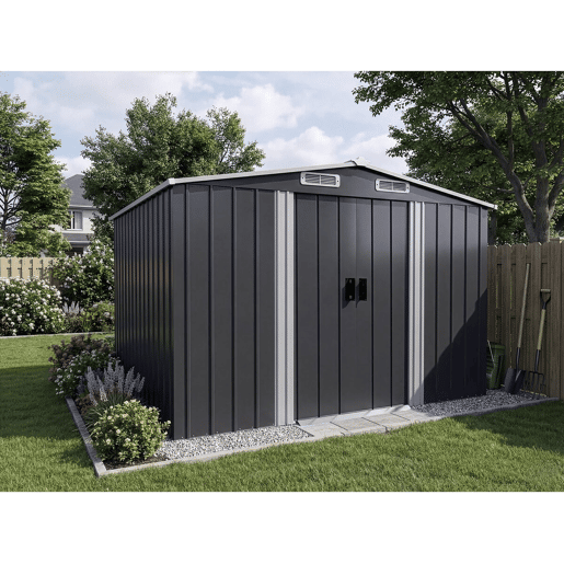 Coberturo de jardim em metal com porta de correr > - 6,54 m² - Cinzento Coberturo de jardim em metal com porta de correr > - 6,54 m² - Cinzento