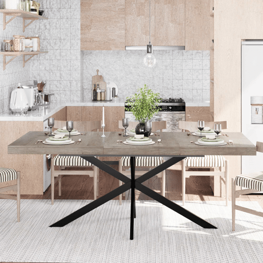 Mesa de jantar extensível 140-180 cm - estilo retro, retangular, arrumação oculta, tampo em madeira natural, placa central a condizer - Cinza