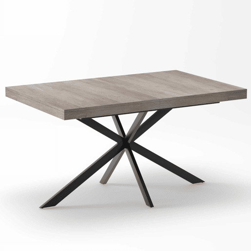 Mesa de jantar extensível 140-180 cm - estilo retro, retangular, arrumação oculta, tampo em madeira natural, placa central a condizer - Cinza