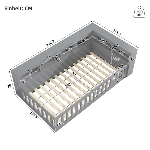 Daybett 90x200cm - Cama de dia, Sofá-cama, Lado com arrumação, Com estrado (sem colchão), Com tomada e USB - Cinza