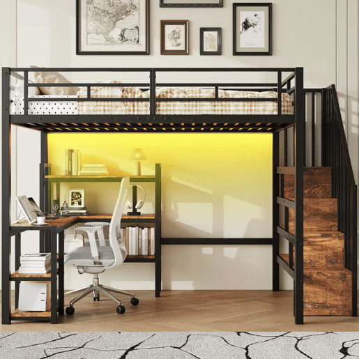 Cama alta em metal 140x200 - com escada, secretária integrada, arrumação, porta USB e luz LED - preta