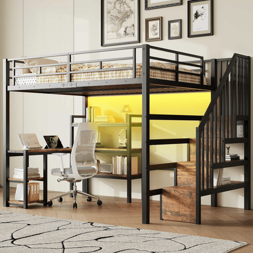 Cama alta em metal 140x200 - com escada, secretária integrada, arrumação, porta USB e luz LED - preta
