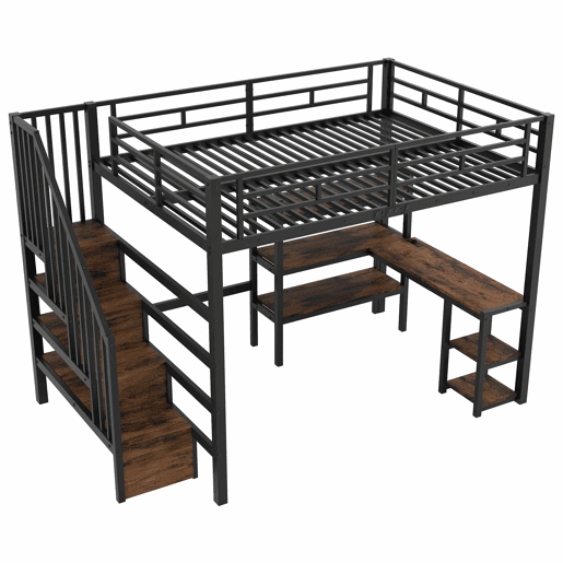 Cama alta em metal 140x200 - com escada, secretária integrada, arrumação, porta USB e luz LED - preta