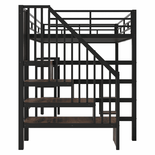 Cama alta em metal 140x200 - com escada, secretária integrada, arrumação, porta USB e luz LED - preta