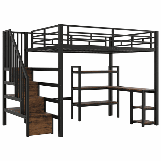 Cama alta em metal 140x200 - com escada, secretária integrada, arrumação, porta USB e luz LED - preta