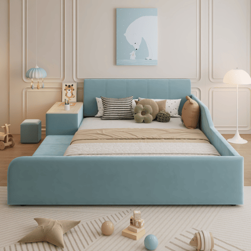 Cama individual 140x200cm - com secretária infantil e banco - azul Cama individual 140x200cm - com secretária infantil e banco - azul