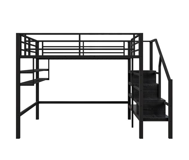 Cama alta de metal de 140x200 cm - con estante y escalera de almacenaje - negro