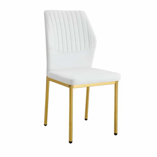 Conjunto de 4 cadeiras de jantar - Estilo luxuoso e leve, encosto em PU branco com padrão vertical + pernas metálicas douradas - Branco + Dourado