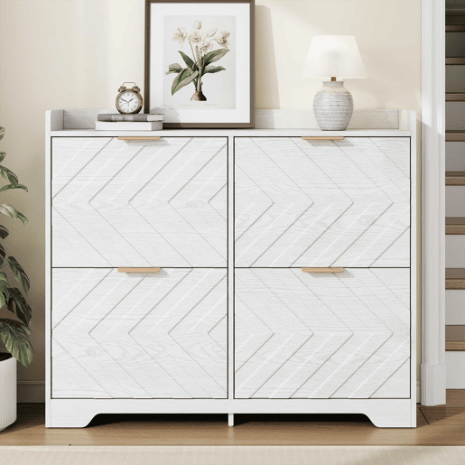 Sapateira com 4 compartimentos rebatíveis, frente com estrutura 3D, superfície de arrumação superior, sapateira espaçosa, economiza espaço, móvel para a entrada - Branco