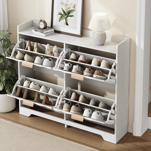 Sapateira com 4 compartimentos rebatíveis, frente com estrutura 3D, superfície de arrumação superior, sapateira espaçosa, economiza espaço, móvel para a entrada - Branco