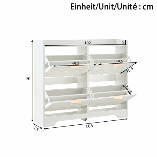 Sapateira com 4 compartimentos rebatíveis, frente com estrutura 3D, superfície de arrumação superior, sapateira espaçosa, economiza espaço, móvel para a entrada - Branco