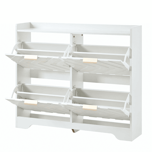 Sapateira com 4 compartimentos rebatíveis, frente com estrutura 3D, superfície de arrumação superior, sapateira espaçosa, economiza espaço, móvel para a entrada - Branco