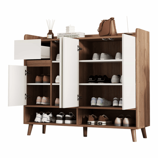 Sapateira 120x35x99 cm - 4 portas, 1 gaveta, prateleira ajustável - Branco+Natural