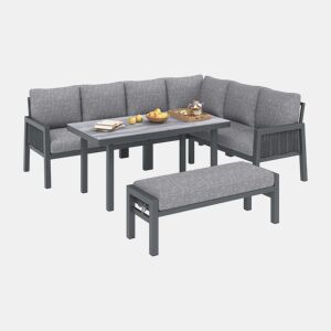 Conjunto de jantar de jardim para 8 pessoas - Conjunto de canto, estrutura em ferro galvanizado, mesa de vidro, corda trançada em PE feita à mão, inclui mesa, bancos e sofás - Cinza