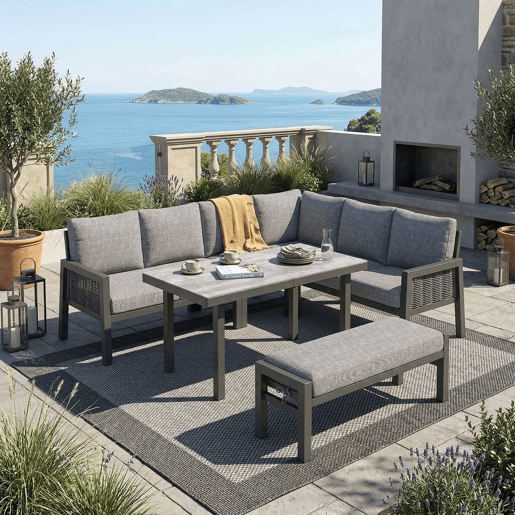 Conjunto de jantar de jardim para 8 pessoas - Conjunto de canto, estrutura em ferro galvanizado, mesa de vidro, corda trançada em PE feita à mão, inclui mesa, bancos e sofás - Cinza