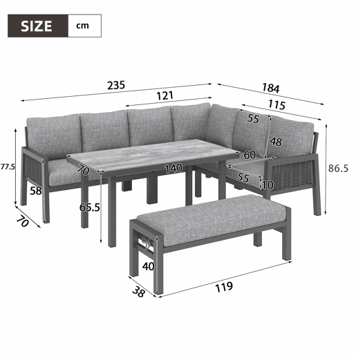 Conjunto de jantar de jardim para 8 pessoas - Conjunto de canto, estrutura em ferro galvanizado, mesa de vidro, corda trançada em PE feita à mão, inclui mesa, bancos e sofás - Cinza